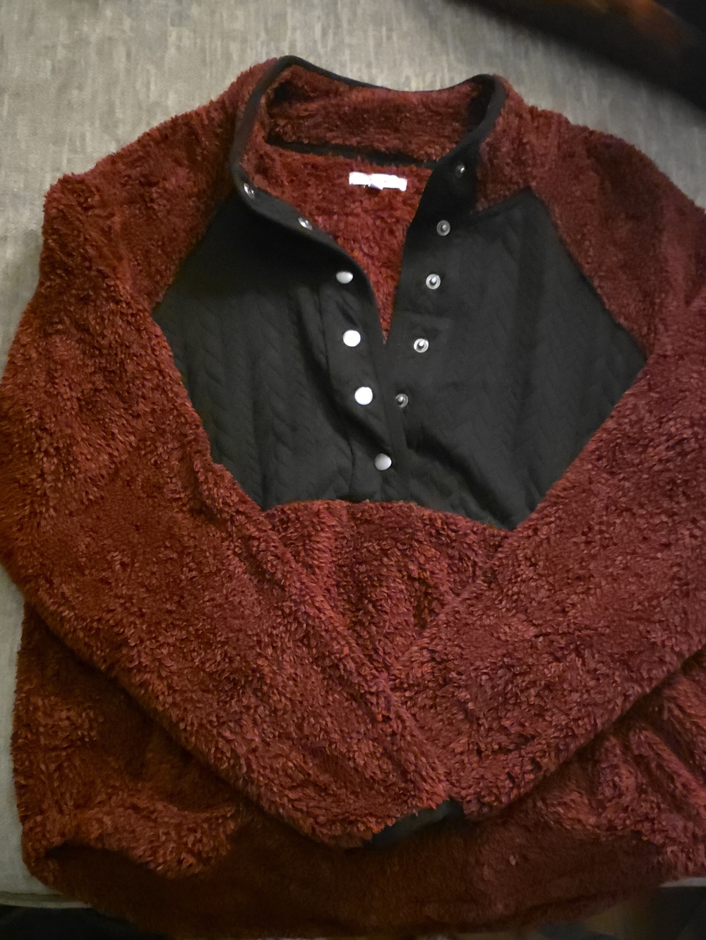 Maurices Burgundy Plush Snap Pullover with Black Quilted Yoke